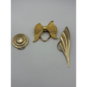 Gold Tone Scarf Ring Buckle Holder Set 3 Pieces Bow‎ Leaf Round